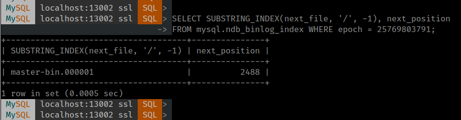 Finding binary log file name and poition from ndb_binlog_index on source MySQL Server