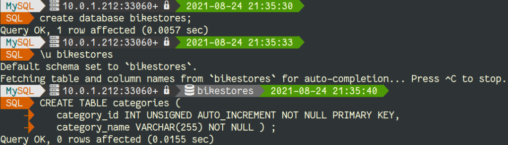 MySQL Shell - create schema and table