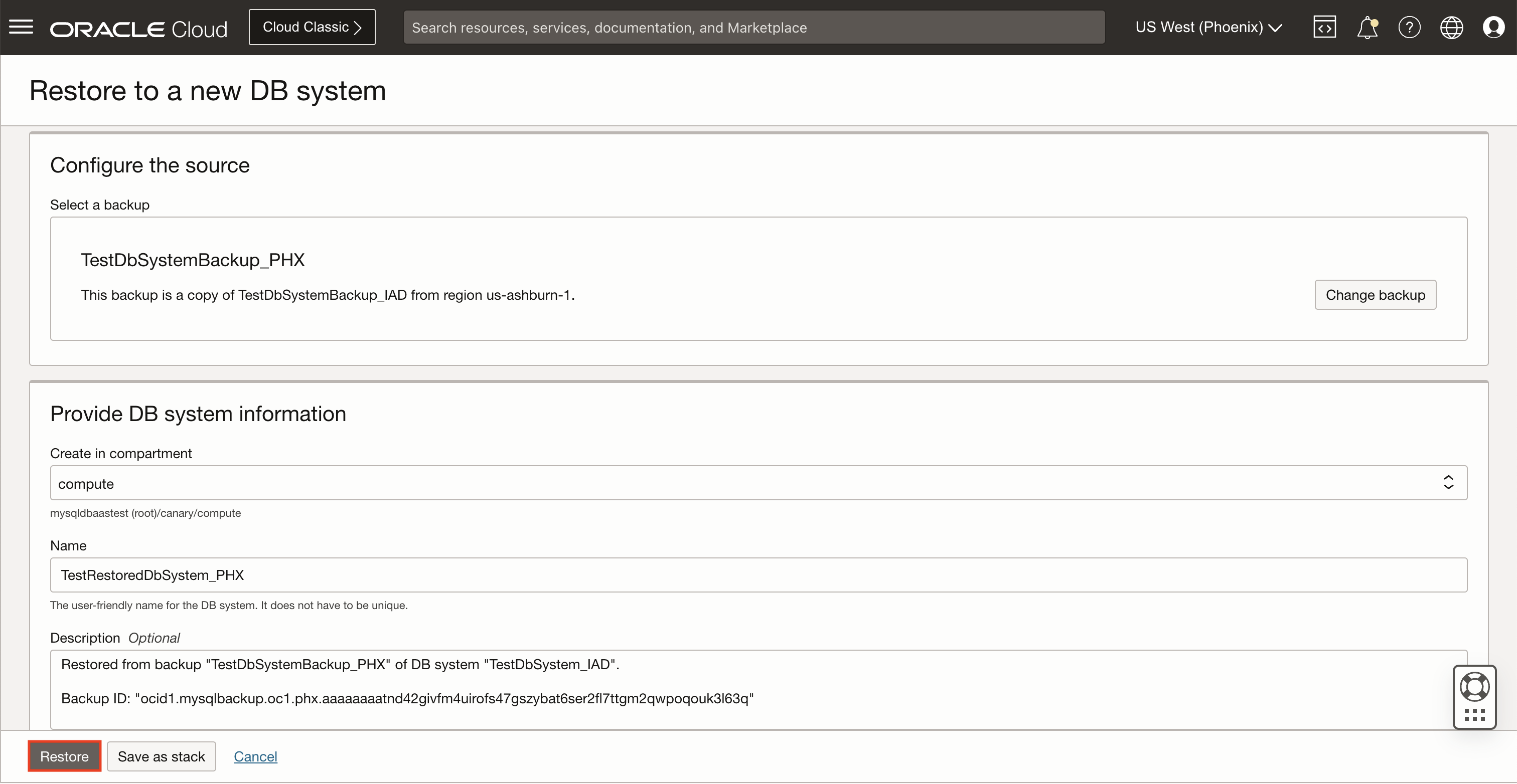 Restore new DB system