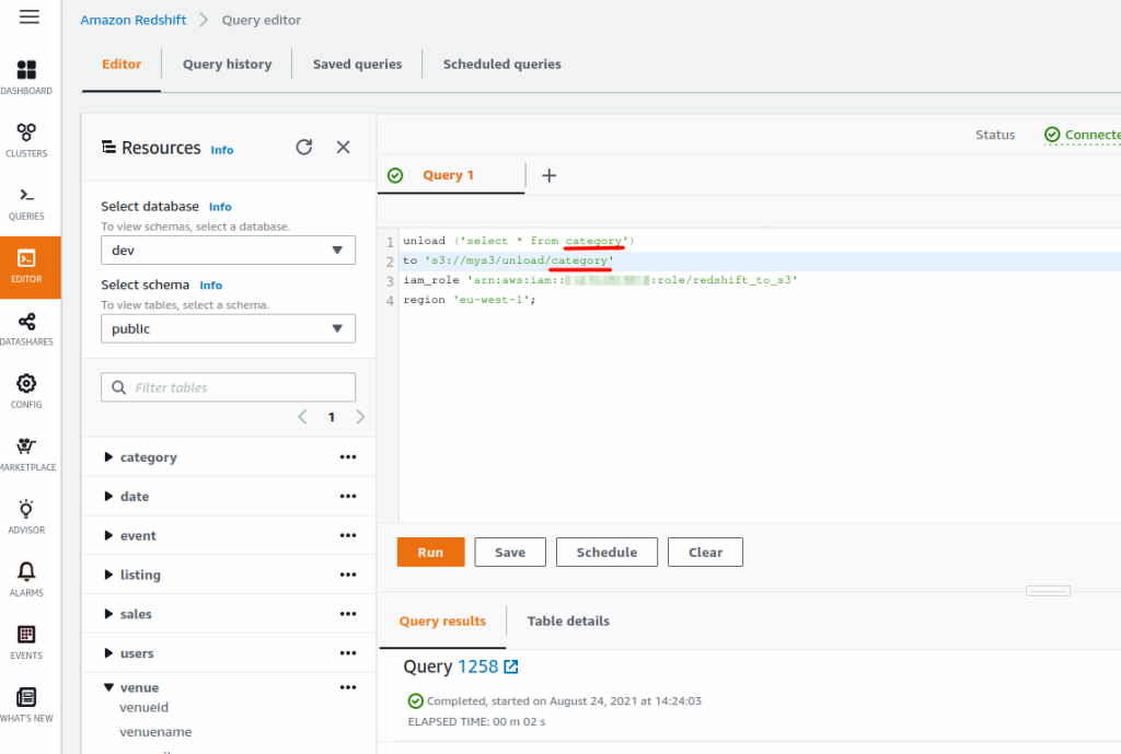 exporting the content of category table to S3