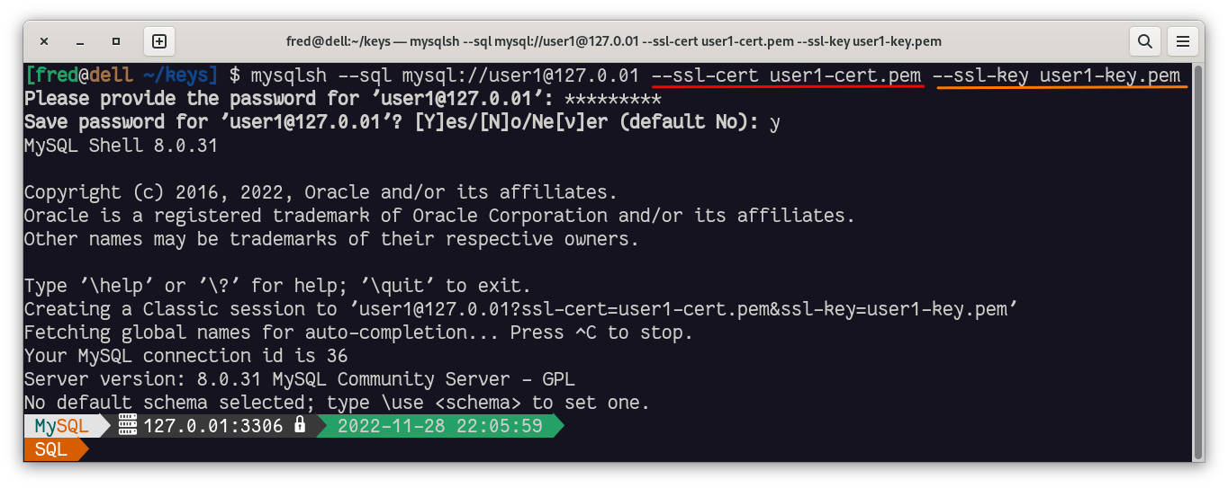 MySQL Shell example on how to connect with X509 certificate