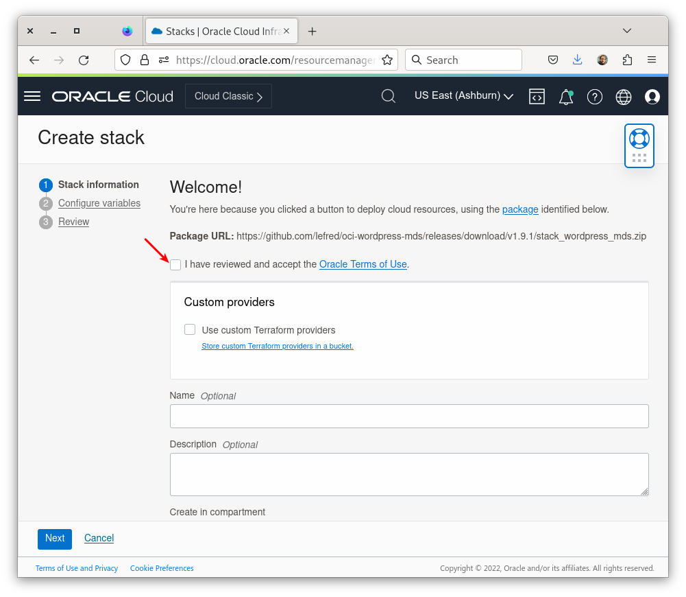 Create Stack - Acceptance of Oracle Terms of Use
