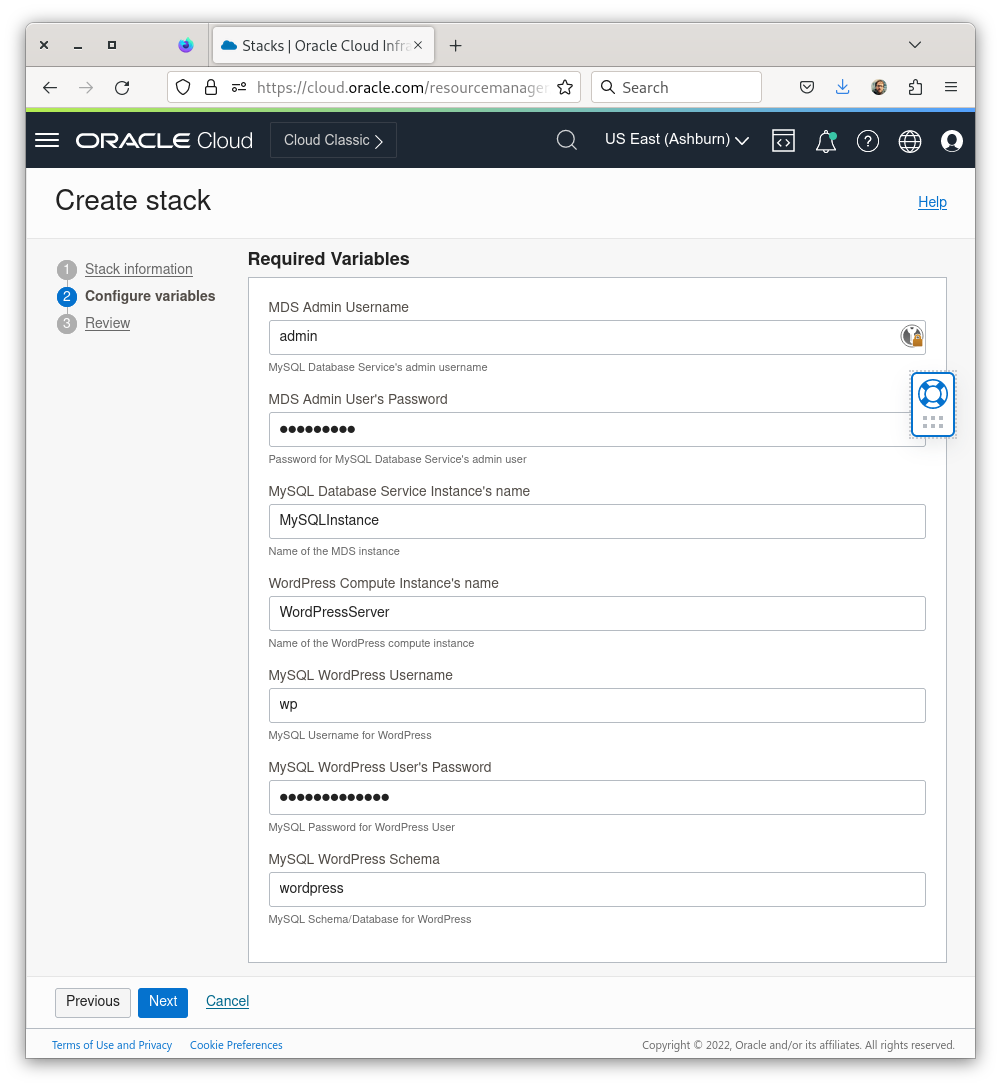 Create Stack - Required Variables