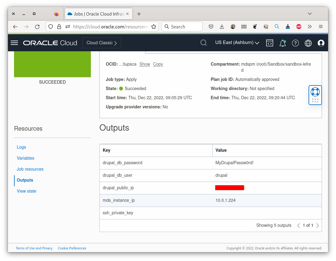 Resource Manager Stack Job Details - Outputs