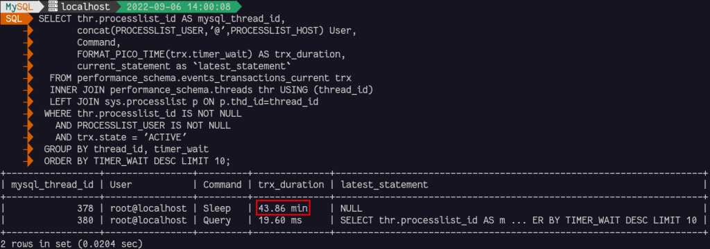 Long transaction example output
