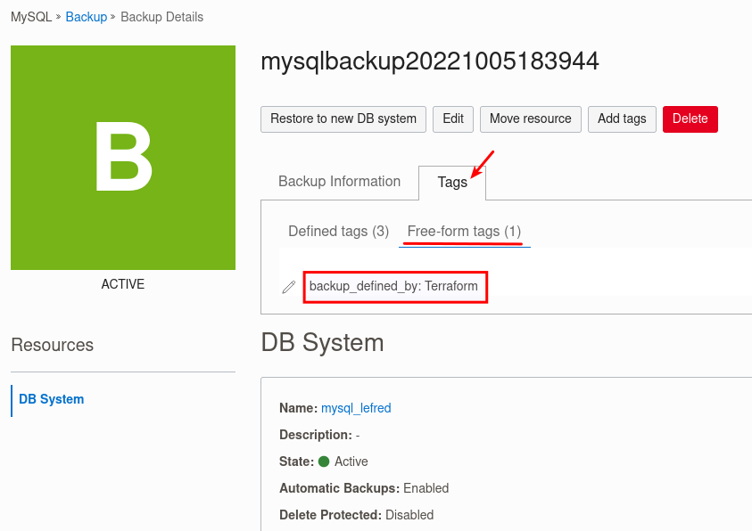 MySQL Database Service - Instance's Backup Tags in OCI