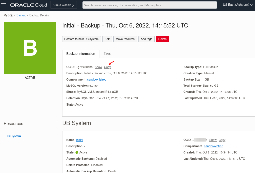 MDS Backup Information in OCI