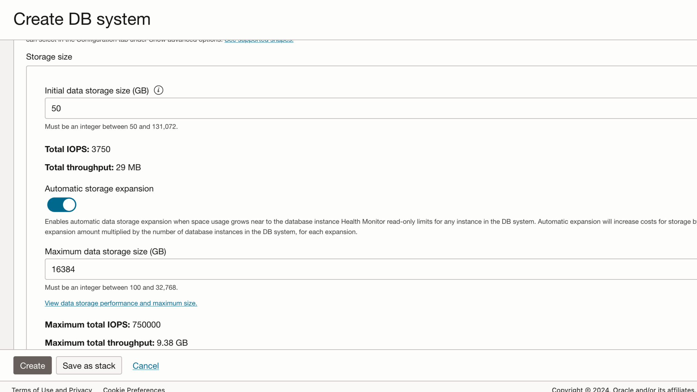 Auto Storage expansion - Create DB option