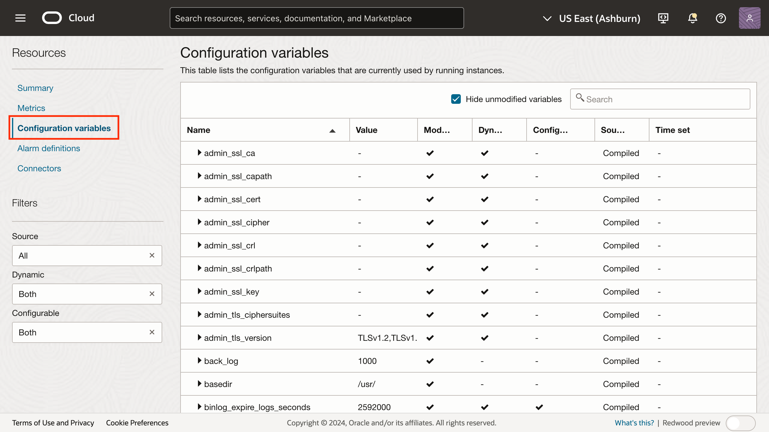 Screenshot of configuration variables section on the MySQL DB system details page