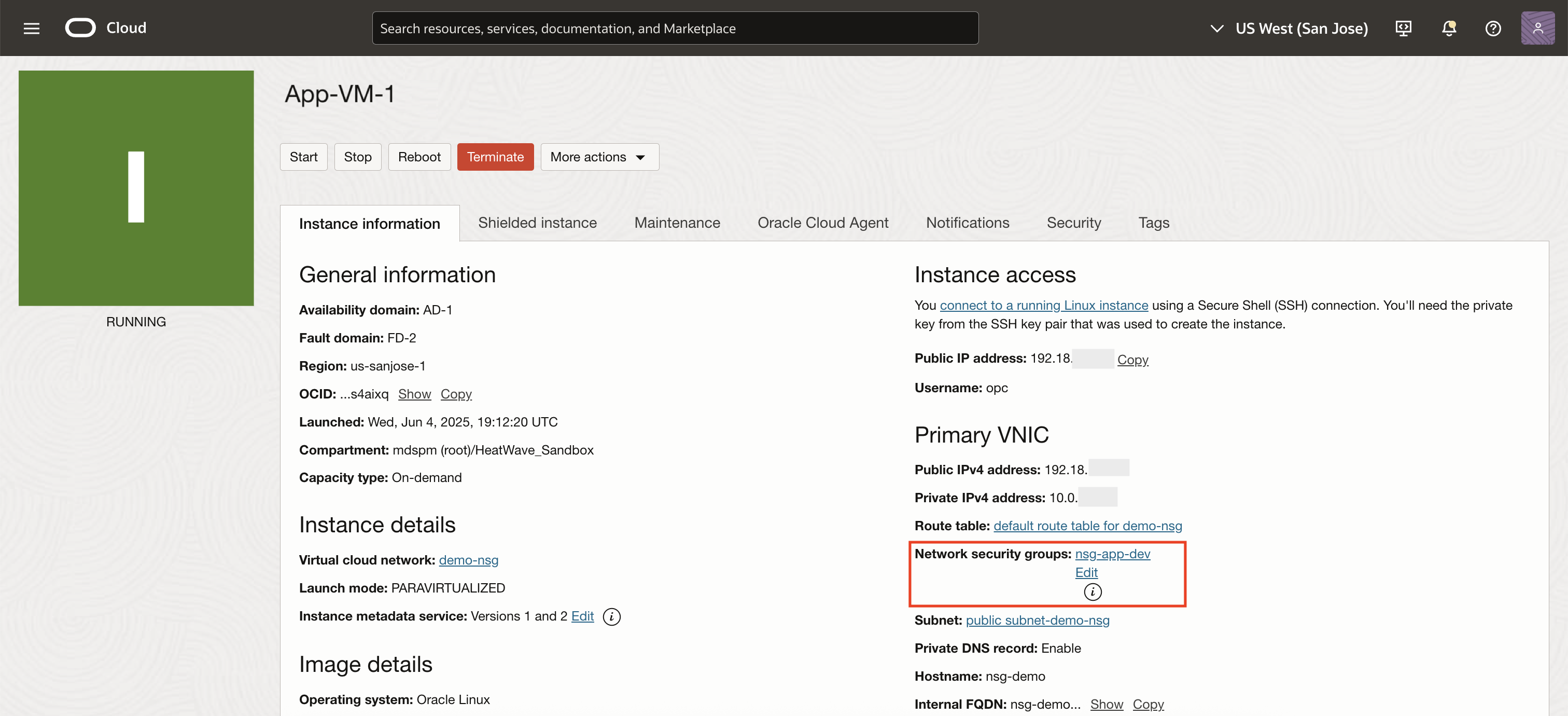 Compute instance showing nsg-app-dev attached