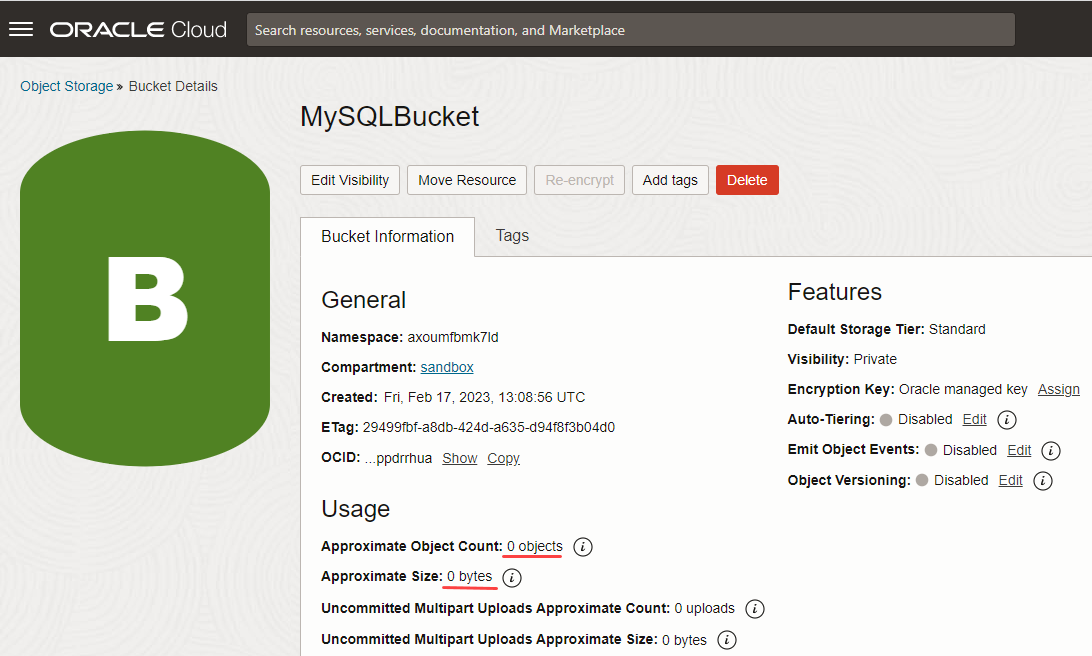 Object Storage Bucket Details