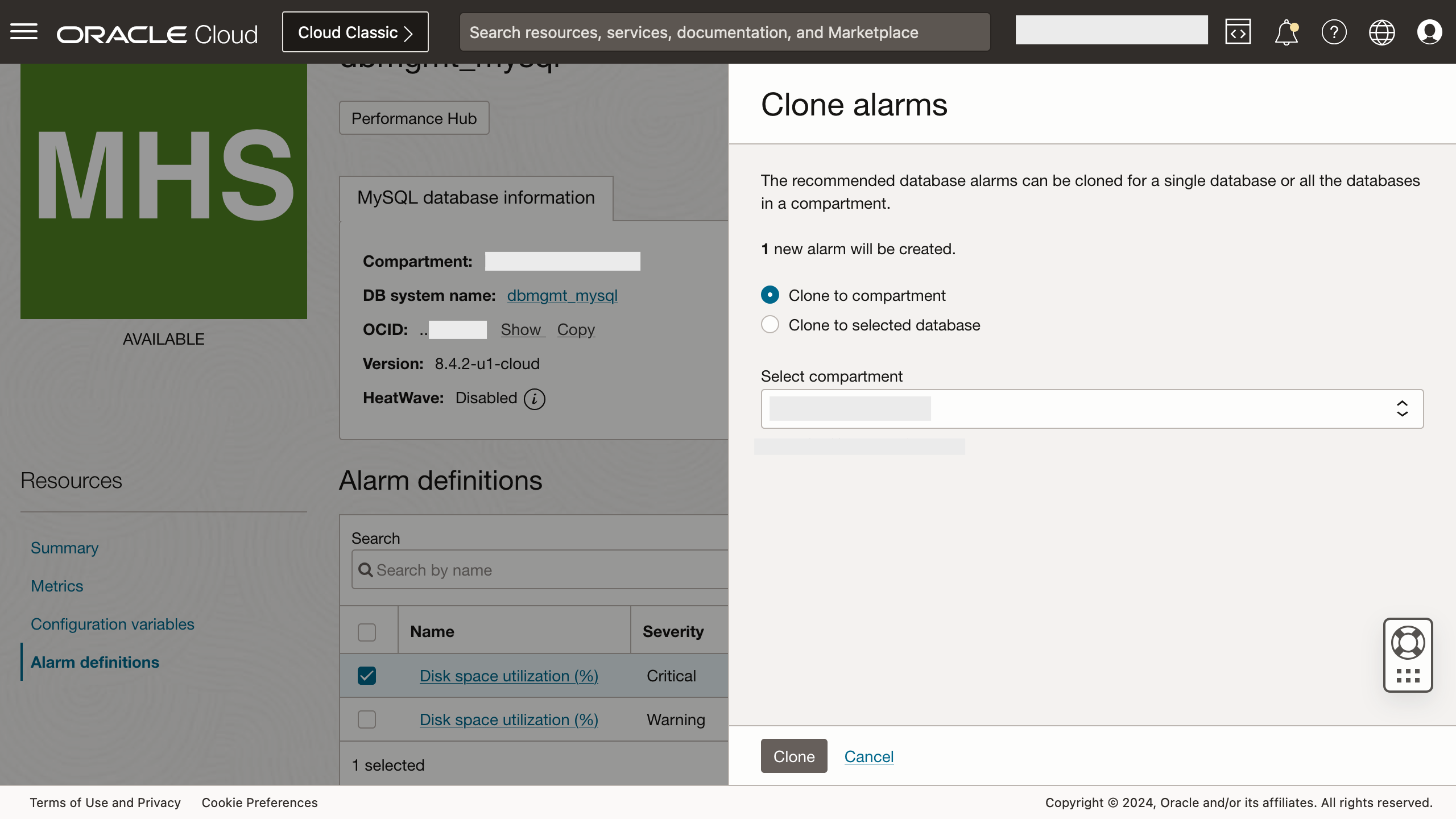 Figure 7: Clone option in the Clone alarms panel