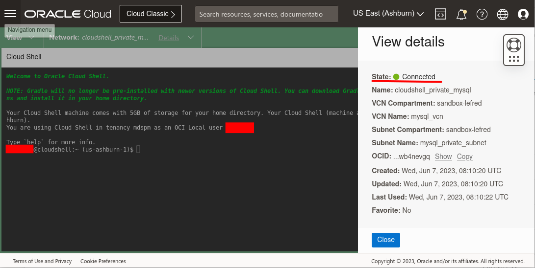 Cloud Shell Network: connected