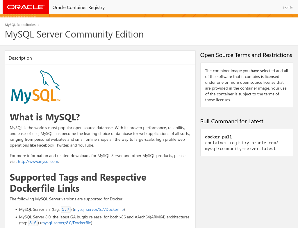 Oracle Container Registry : MySQL Server Community Edition
