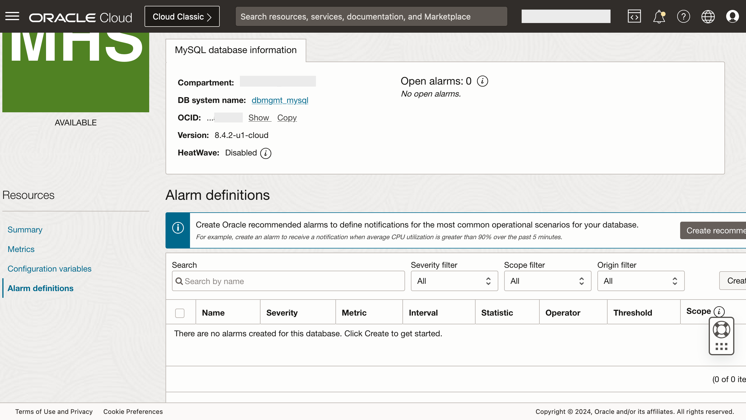 Figure 1: Alarm definitions on the Managed database details page