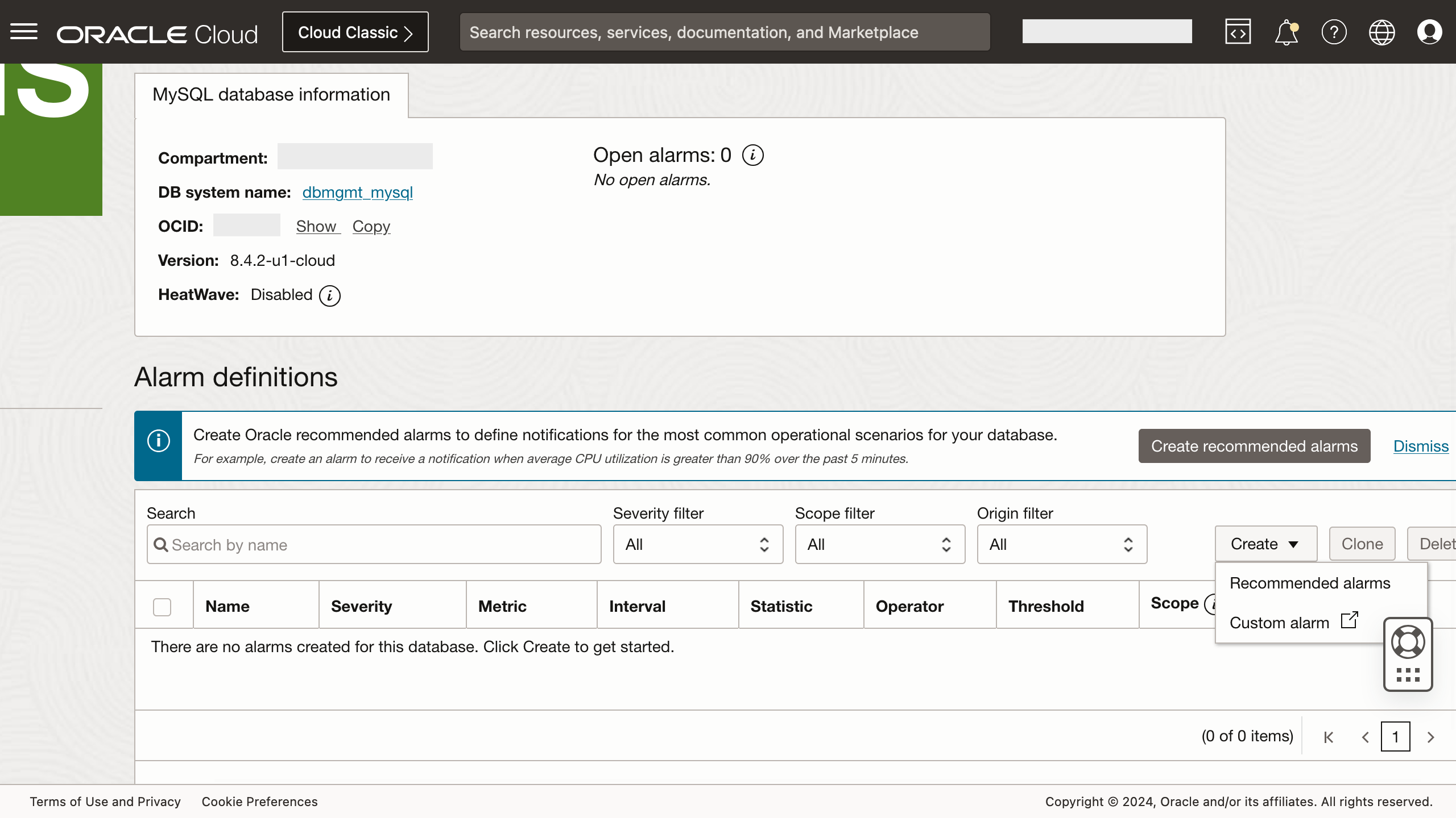 Figure 2: Create menu in the Alarm definitions section