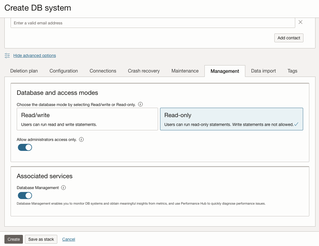 Create DB system with custom database and access modes