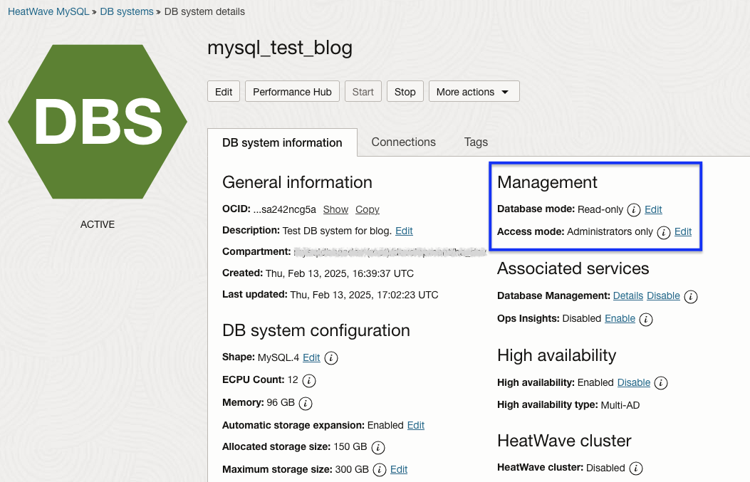DB system details with database mode and access mode