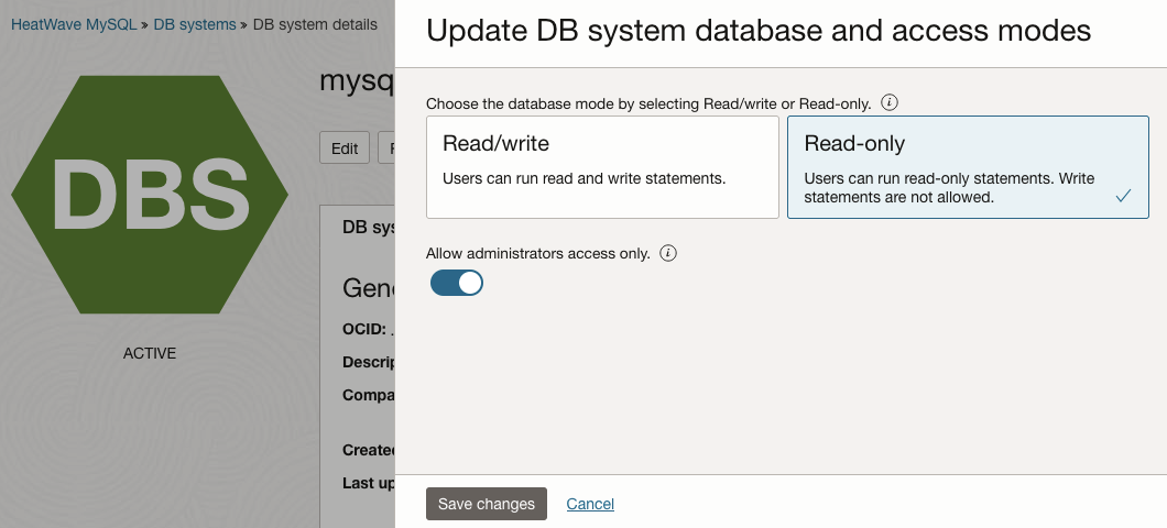 Update DB system database and access modes