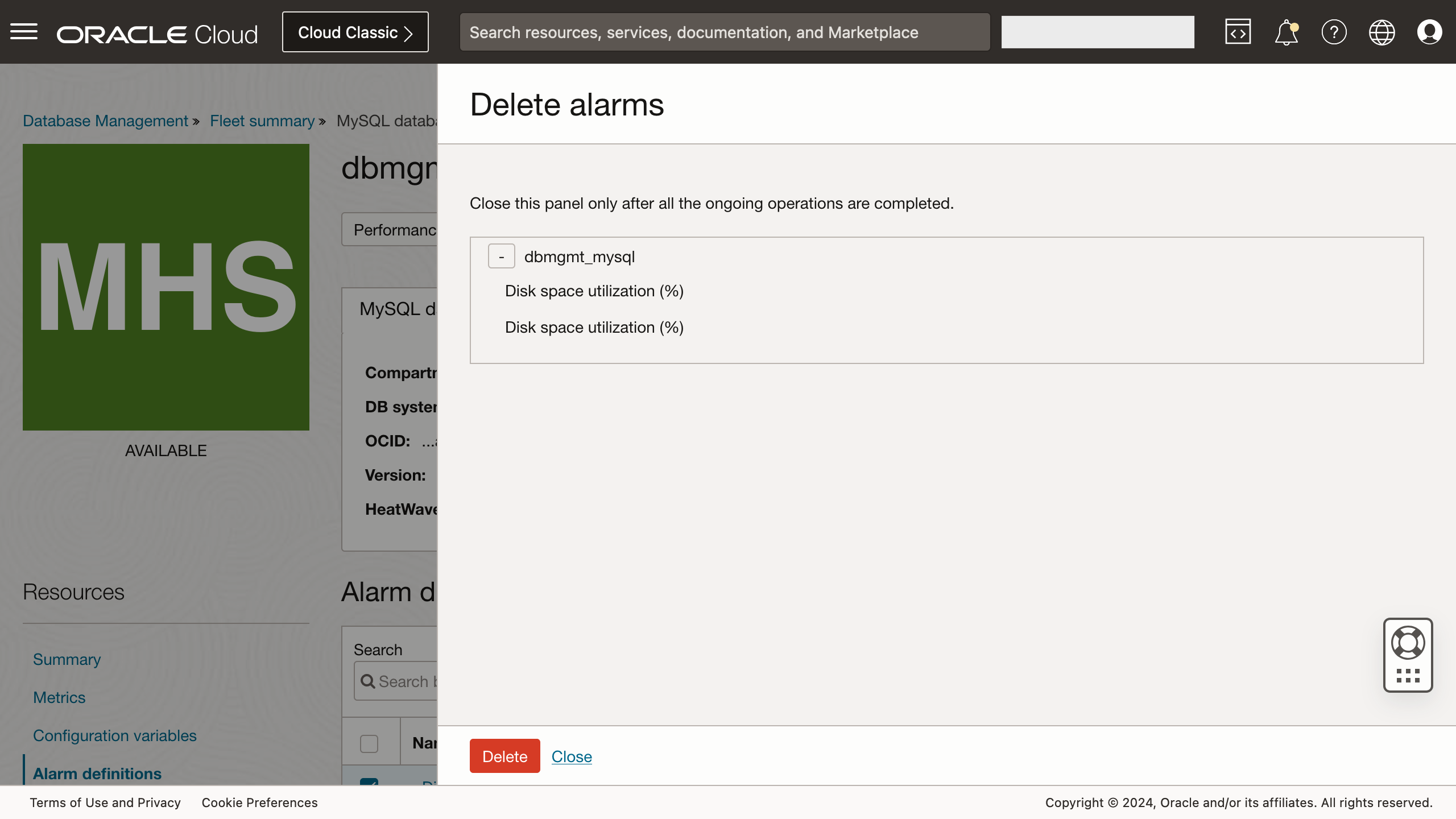 Figure 8: Delete option in the Alarm definitions section