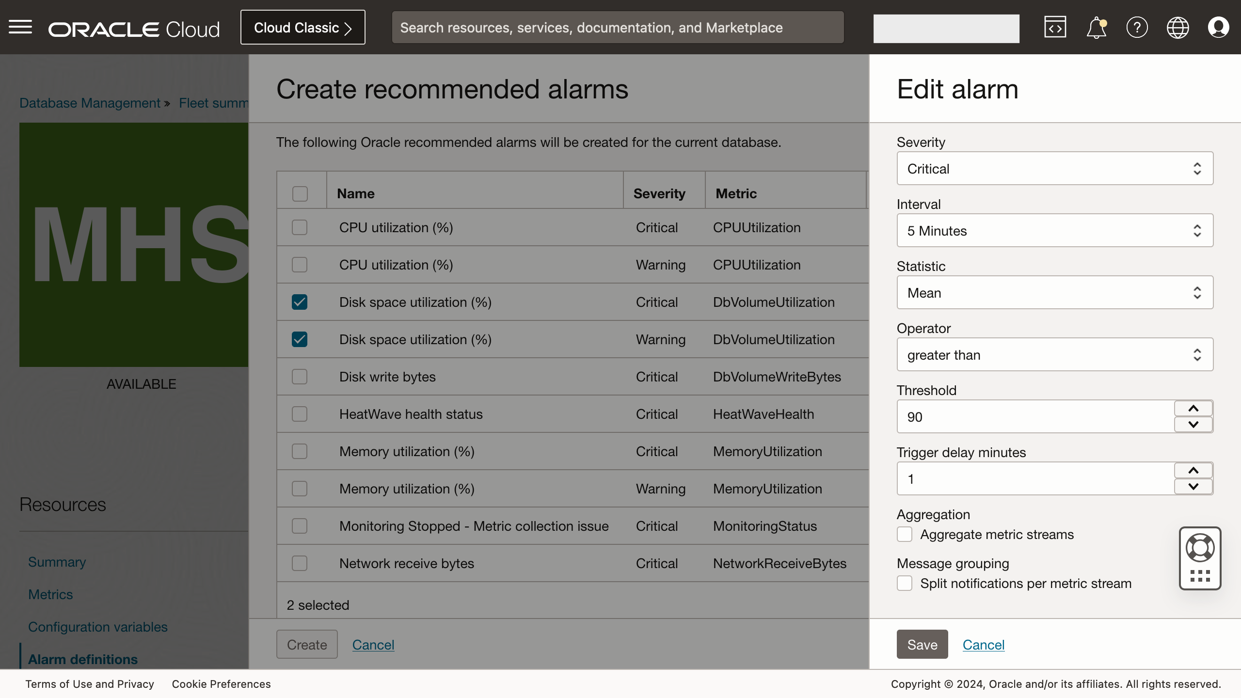 Figure 6: Example: Create and edit Oracle-recommended alarm for disk space utilization