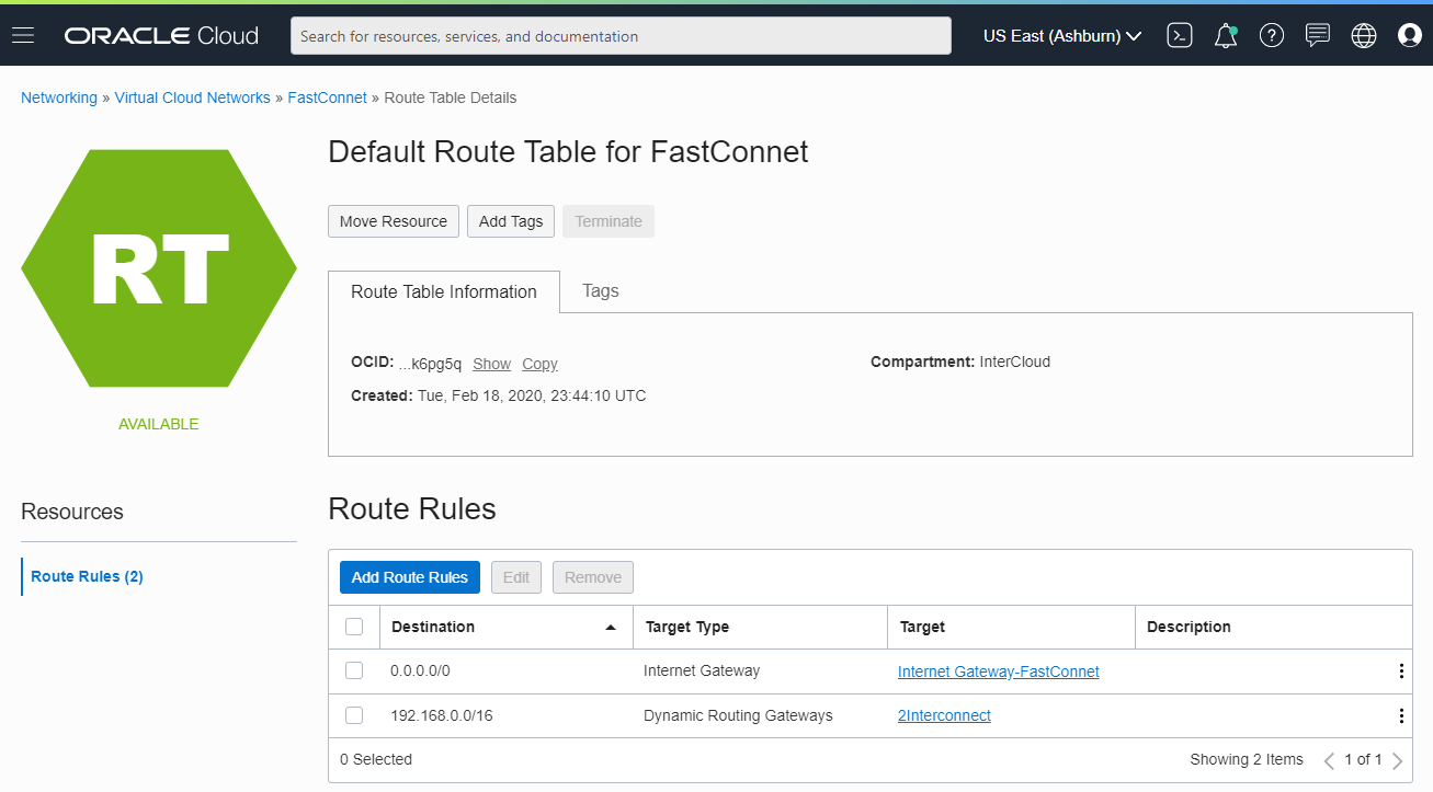 OCI FastConnect route table