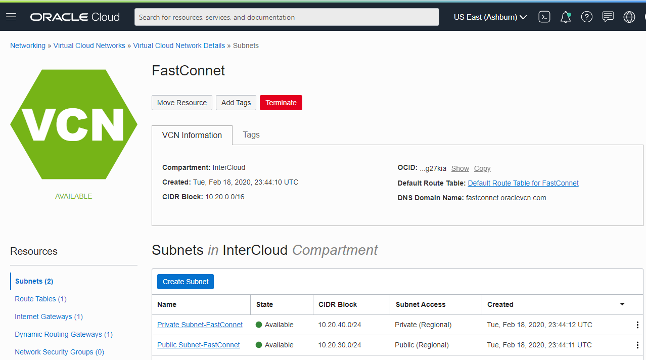 OCI FastConnect subnets