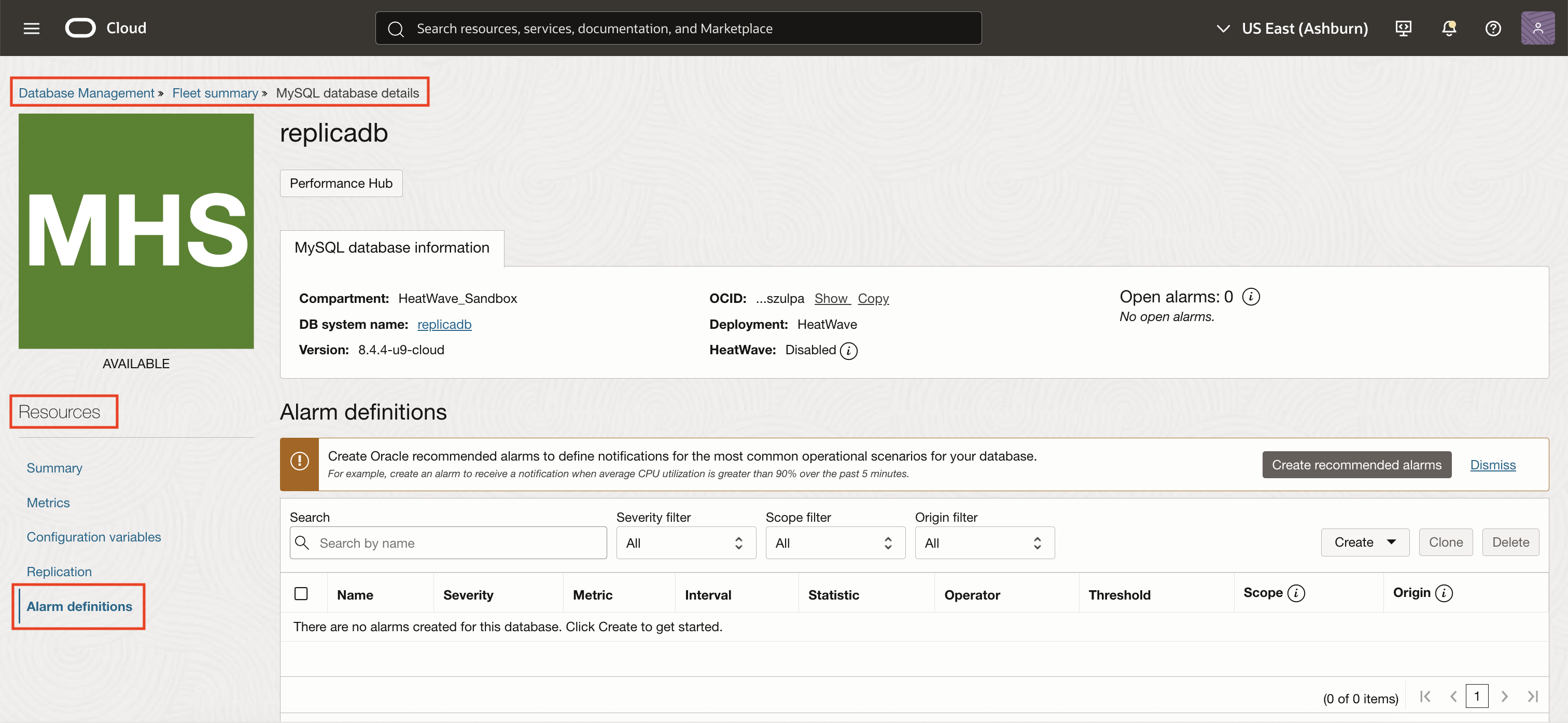 Alarm definitions on the Managed database details page