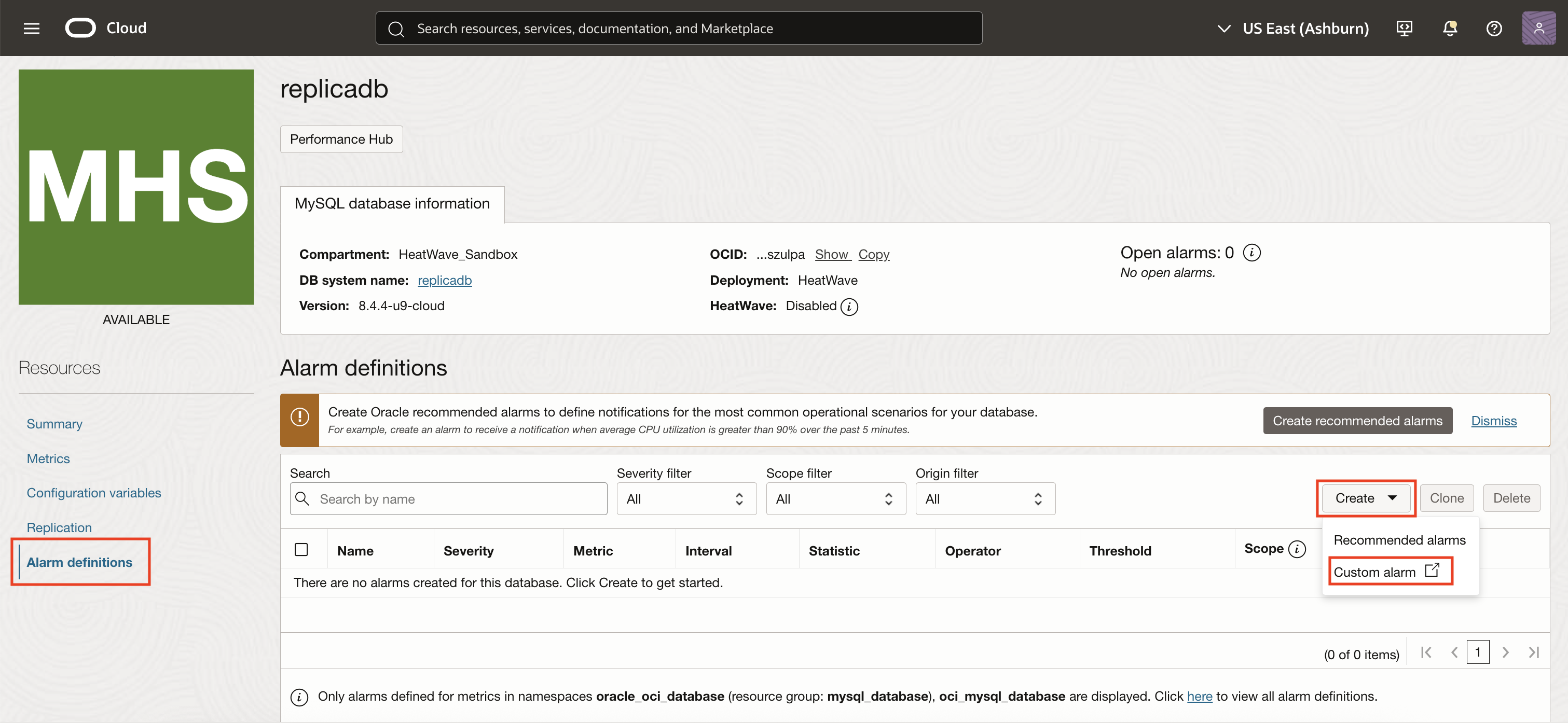 Create menu in the Alarm definitions section
