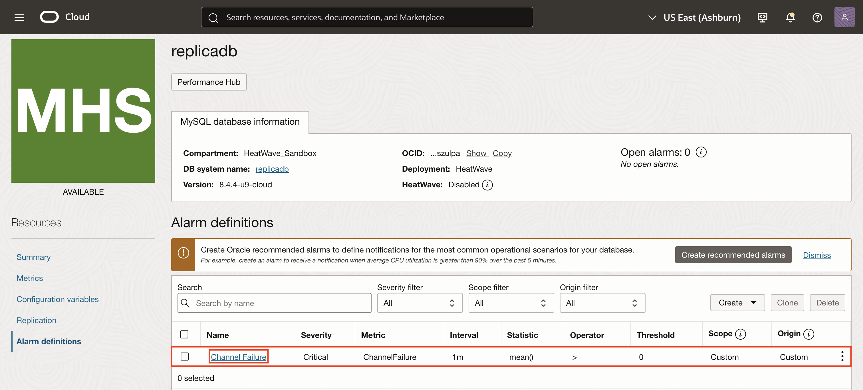 Custom alarm on the Managed database details page