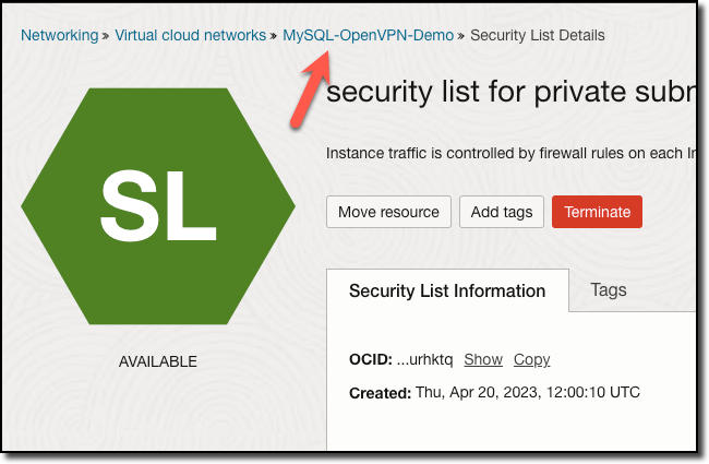 VCN Security List Link