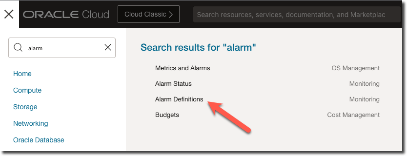 Search menu for alarms