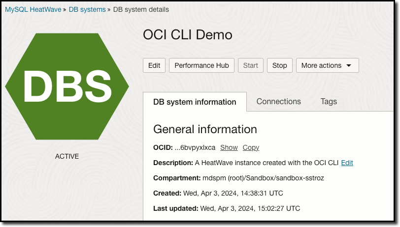 Oracle Cloud MySQl Database System Active