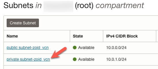 VCN Details - subnet list