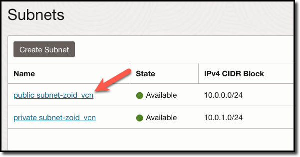 VCN Details - subnet list