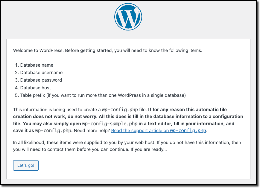 WordPress Setup Config Home Page