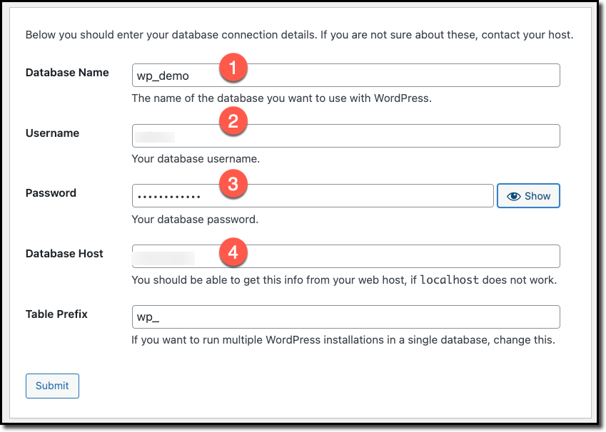 WordPress Database config form