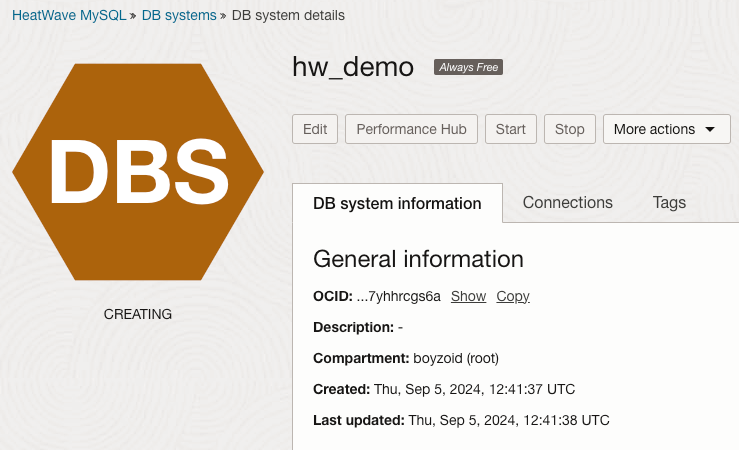 Create DB System screen