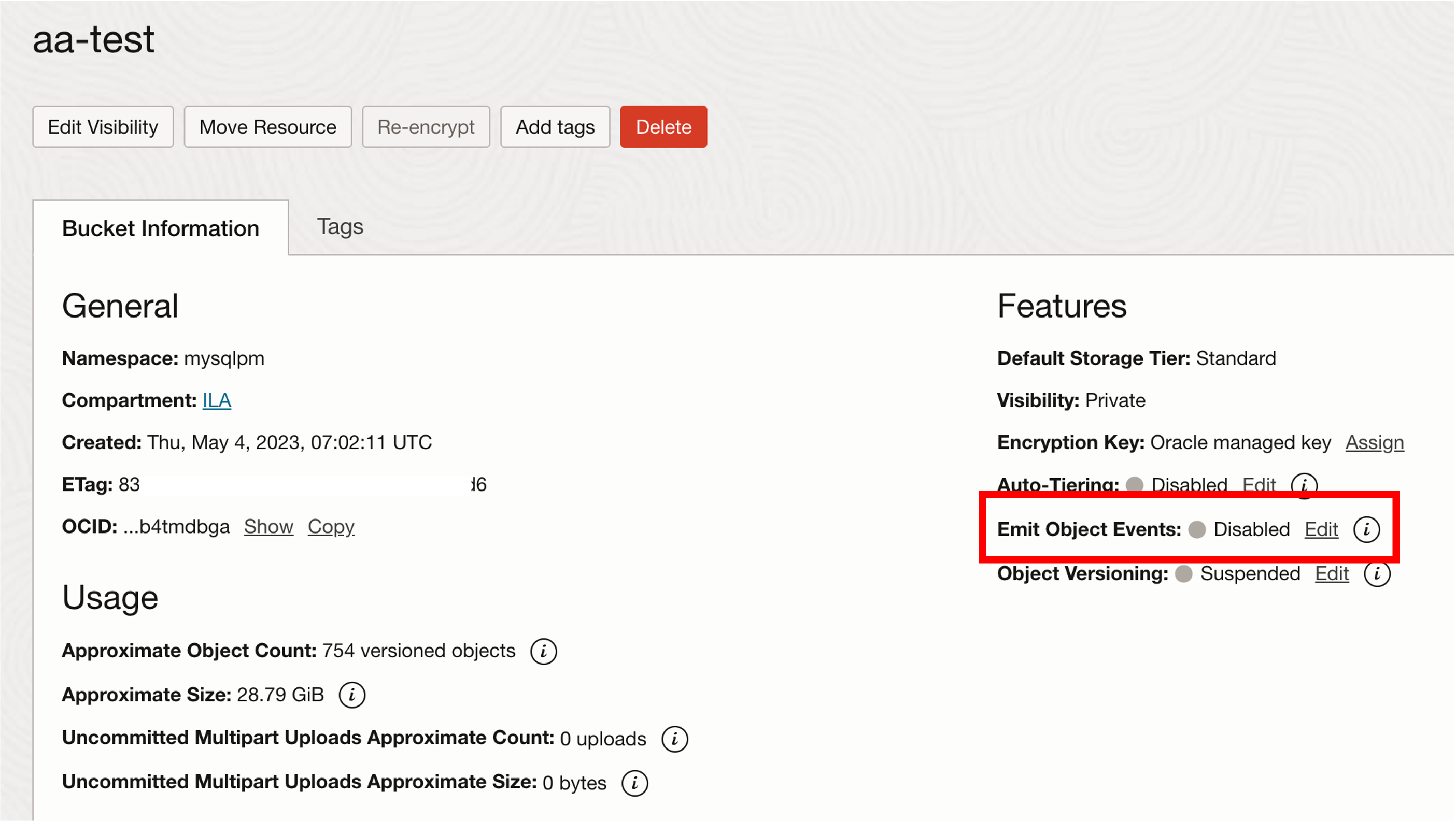 Bucket to enable events for