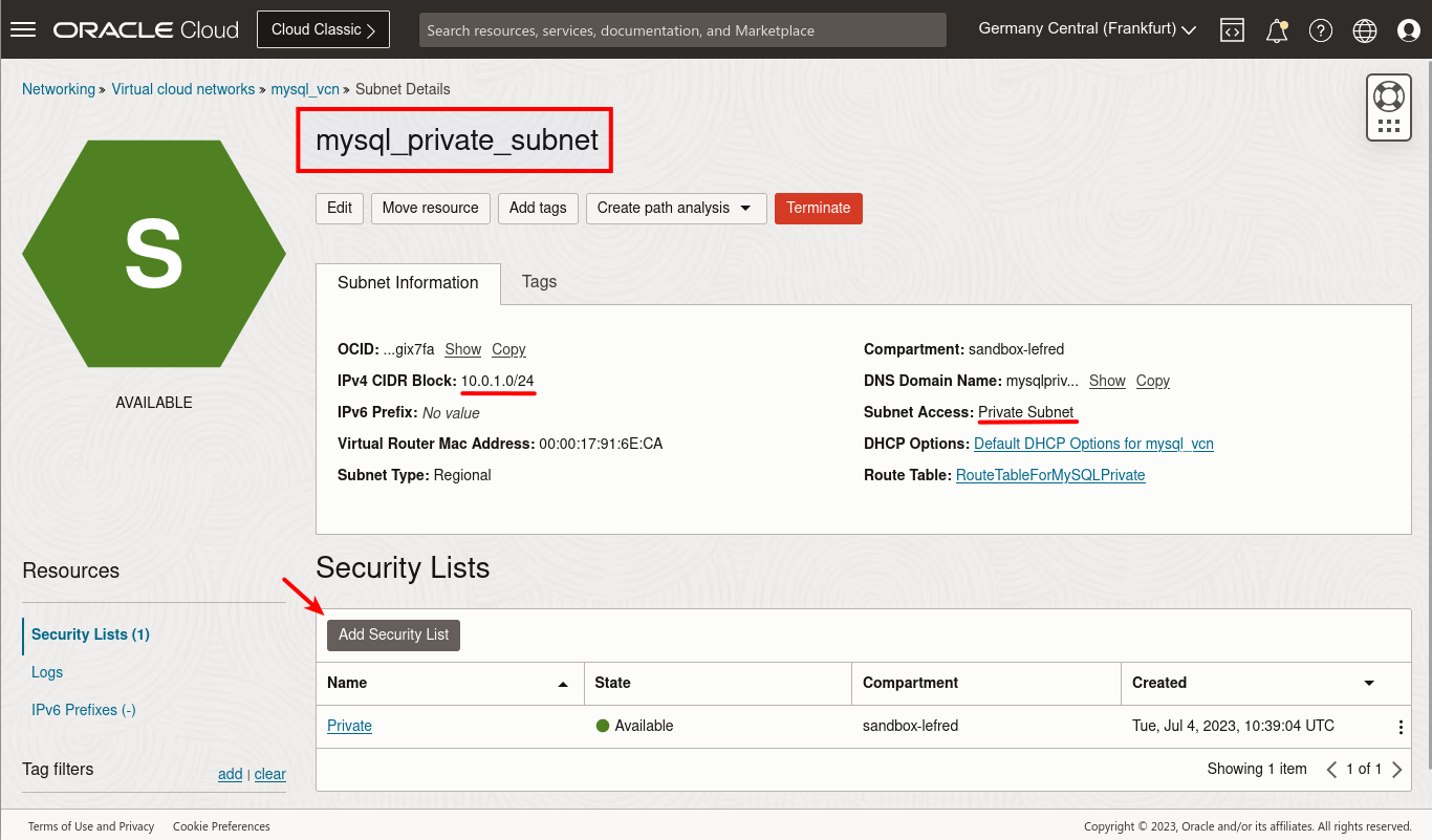 Private Subnet - Add Security List