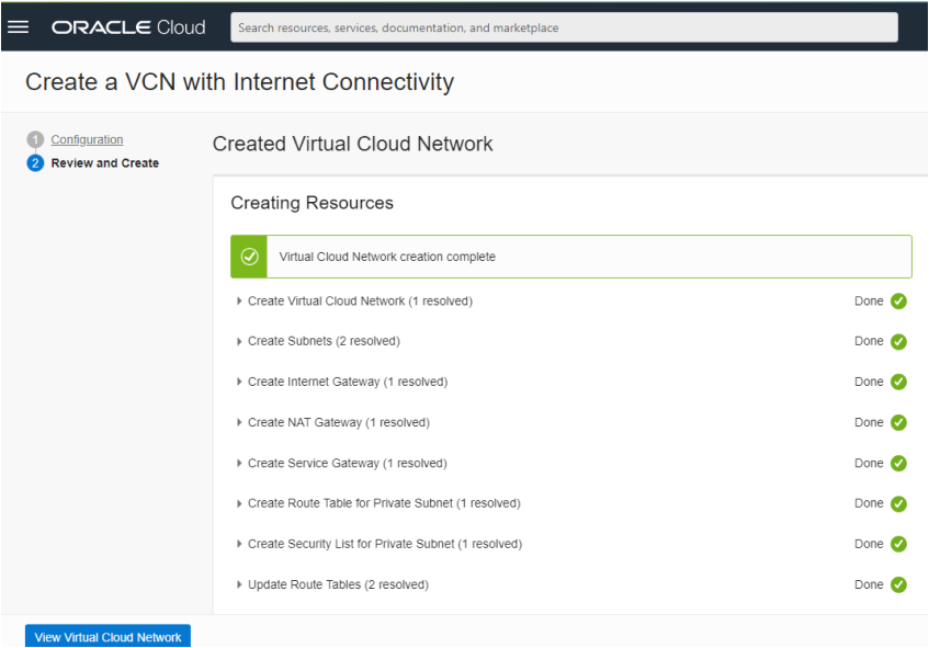 virtual cloud network creation complete