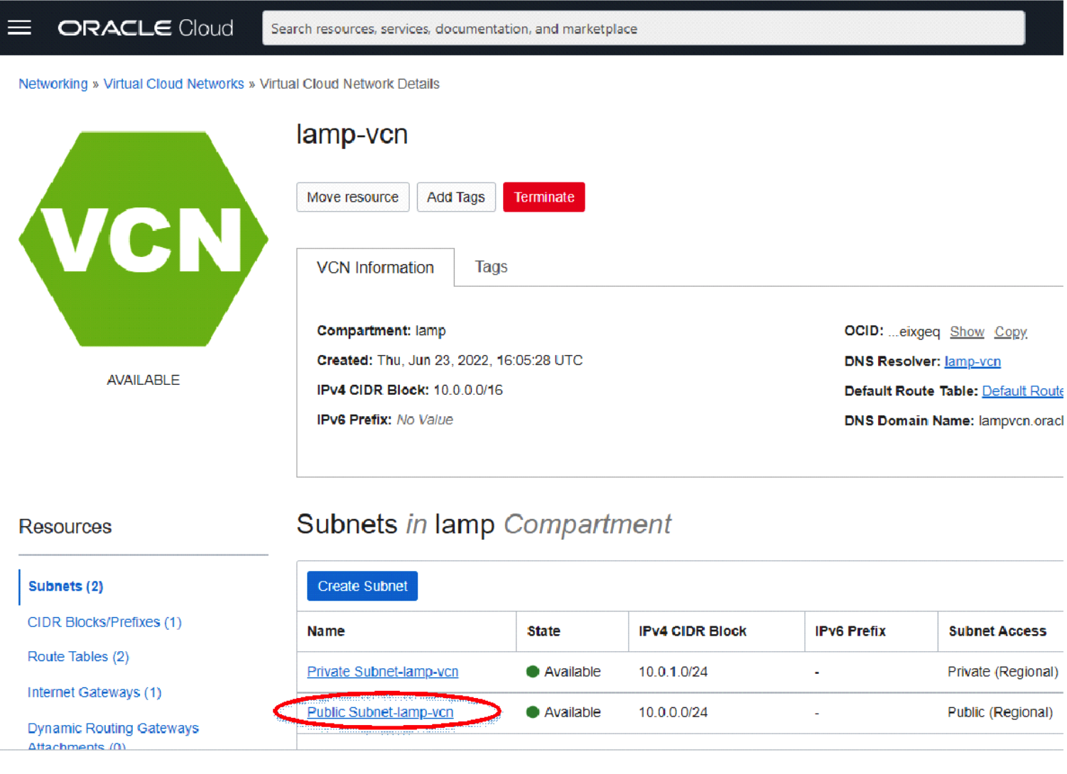 Click on Public Subnet-lamp-vcn