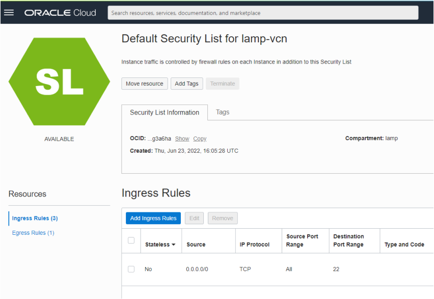 default security list for lamp-vcn homepage