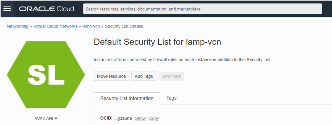 default security list for lamp-vcn homepage