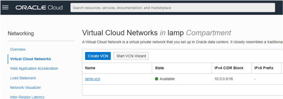 virtual cloud networks page for compartment