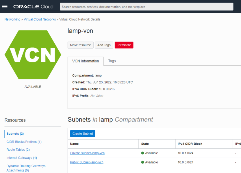 Select Private Subnet-lamp-vcn