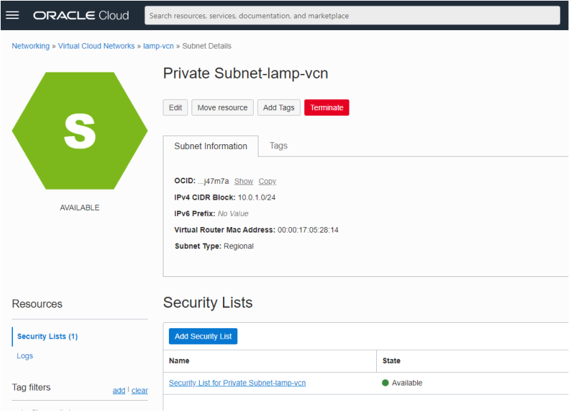 Public Subnet-lamp-vcn page