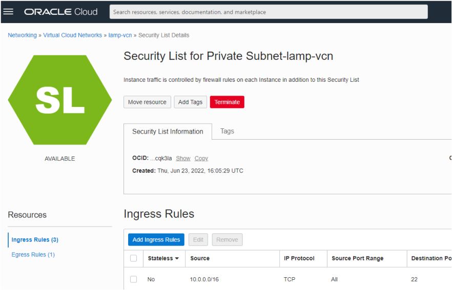 Security list for Private Subnet