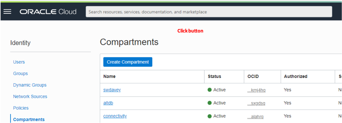 click create compartment
