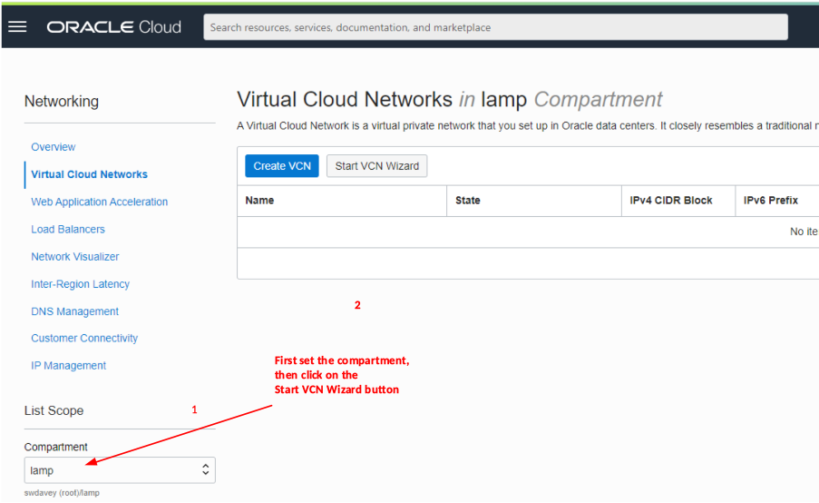 First set the compartment, then click on the Start VCN Wizard button